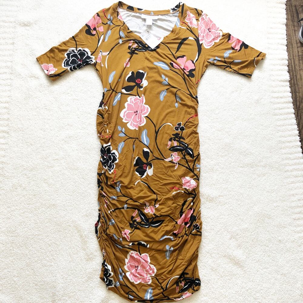 Motherhood Maternity Small Fitted Floral Mustard Short Sleeve Midi Dress